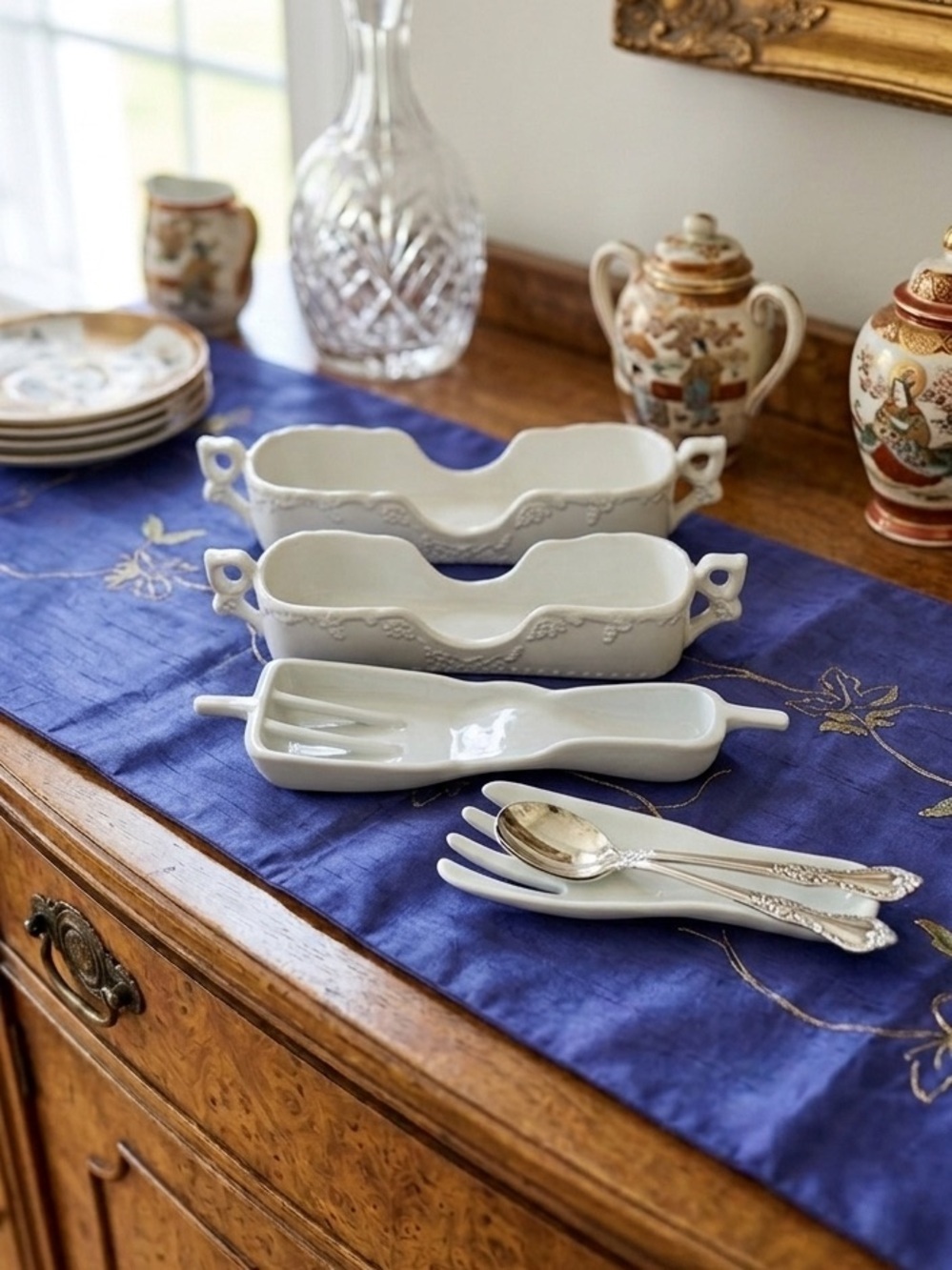 Vintage Maryland China Japan White Porcelain Relish Dish Set Mid century Grapevi